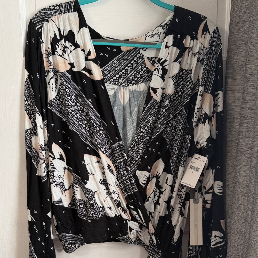 O'Neill Black Floral Wrap Blouse with Cream Accents